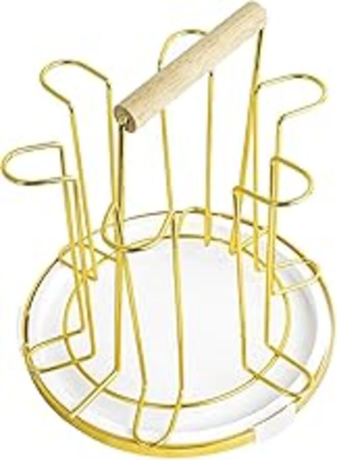 VIO Cup Drying Rack, 6 Cup Drainer Stand Rack Non-slip Mugs Cups Organizer with Wood Handle and Detachable Drip Tray, Mug Tree for Kitchen (GOLD)