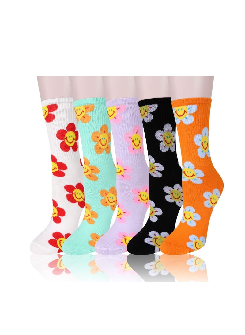 Y&D Womens Girls Socks, 5 Pairs Summer Novelty Funny Smiley Socks Colorful Crazy Cute Floral Animal Food Cotton Dress Gifts  - Image 1