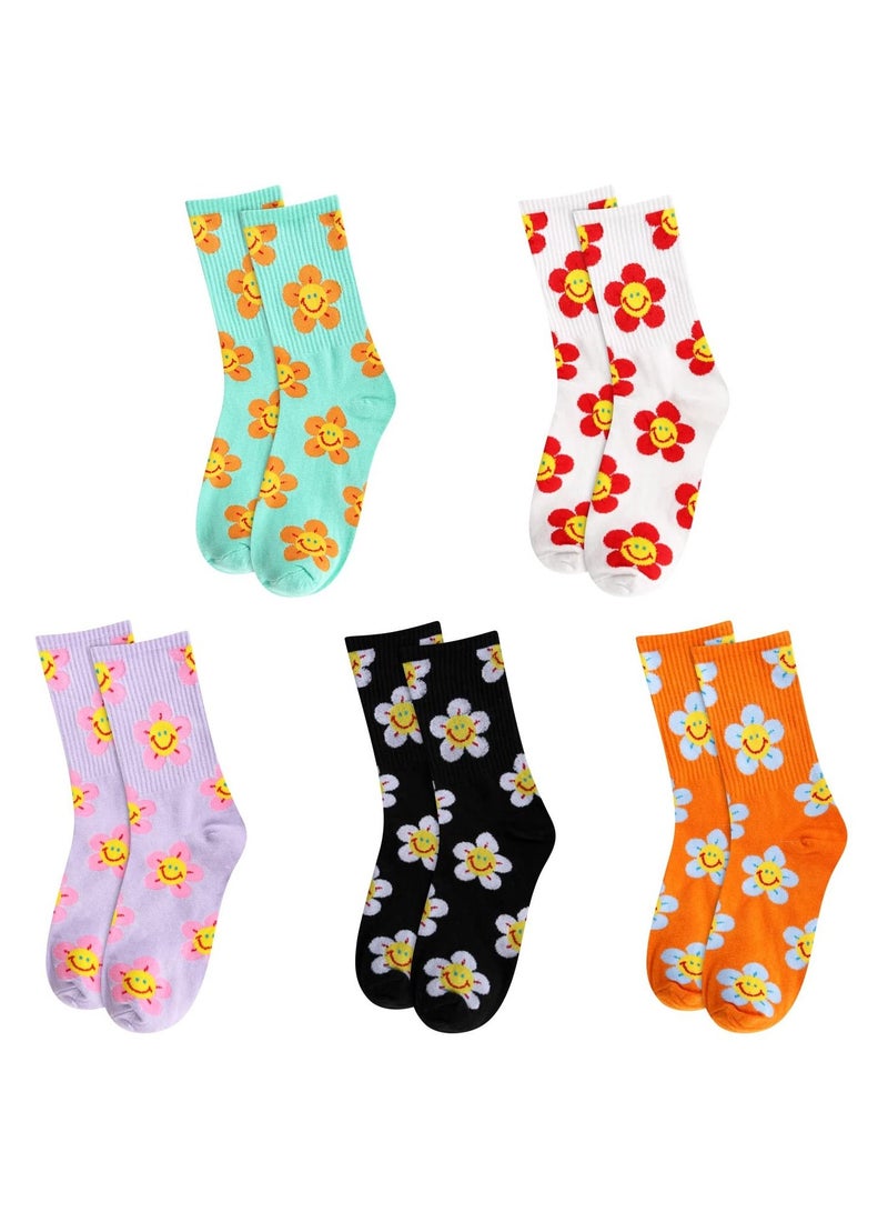 Y&D Womens Girls Socks, 5 Pairs Summer Novelty Funny Smiley Socks Colorful Crazy Cute Floral Animal Food Cotton Dress Gifts  - Image 5