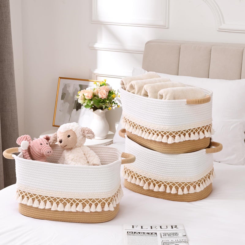 Degeyoyo 3 Pack Storage Basket for Shelves, Boho Cotton Rope Storage Bins with Heavy Tassel, Shelf Baskets Large Woven Baskets for Organizing, Cube Organizer Bins, Baby Laundry Basket for Clothes, Toys, Pets - Image 2