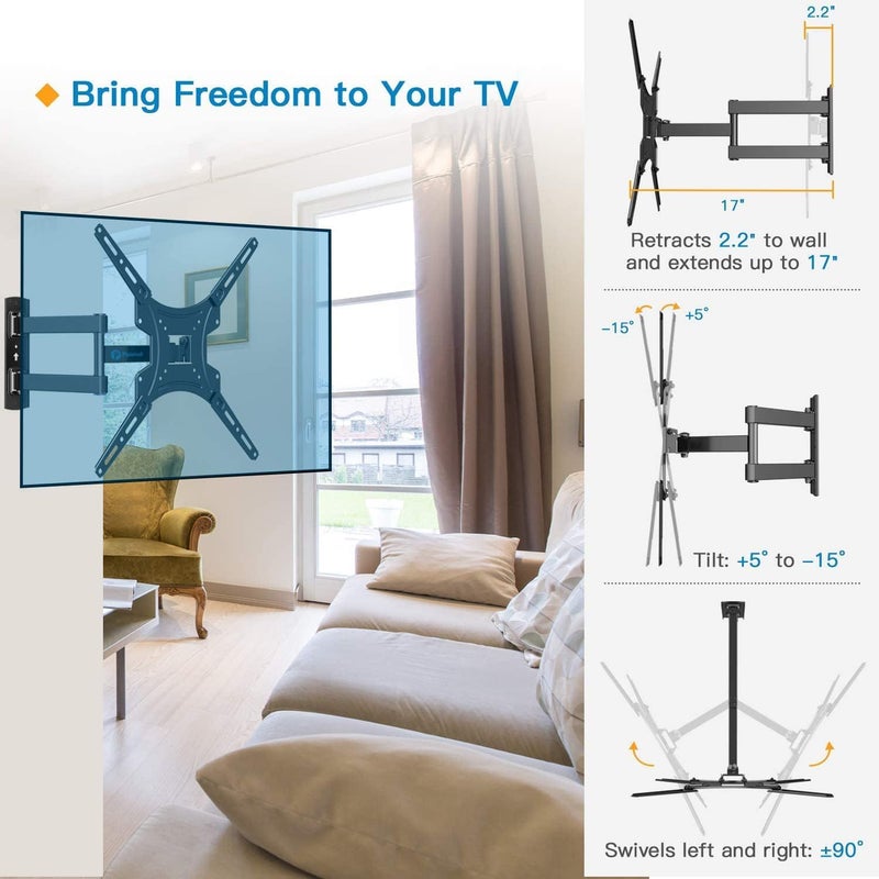 Pipishell Full Motion TV Wall Mount Bracket Articulating Arms Swivels Tilts Extension for Most 24-55 Inch LED LCD Flat Curved Screen TVs, Max VESA 400x400mm up to 66lbs by Pipishell - Image 4