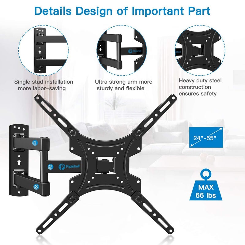 Pipishell Full Motion TV Wall Mount Bracket Articulating Arms Swivels Tilts Extension for Most 24-55 Inch LED LCD Flat Curved Screen TVs, Max VESA 400x400mm up to 66lbs by Pipishell - Image 3