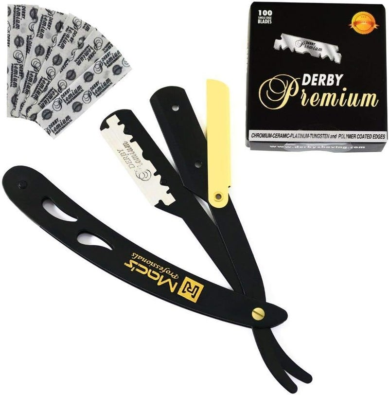 Macs Products شفرات حلاقة مستقيمة احترافية من B&G مع شفرات ديربي السوداء الممتازة 100 عدداً آلية استبدال الشفرات السهلة 100% من الفولاذ المقاوم للصدأ Macs049BGP1 B G مع شفرات ممتازة سوداء