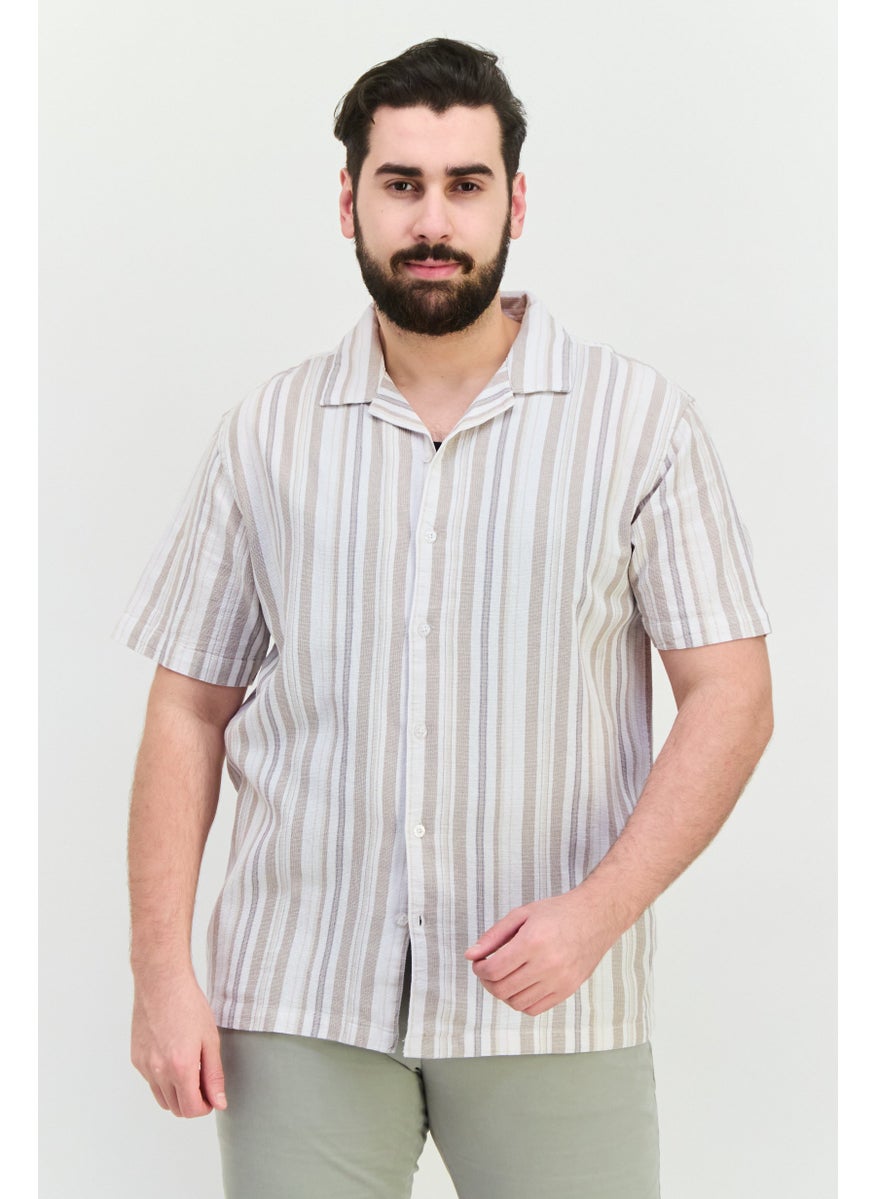 Algspar Men Regular Fit Stripe Short Sleeves Casual Shirt, White  - Image 1