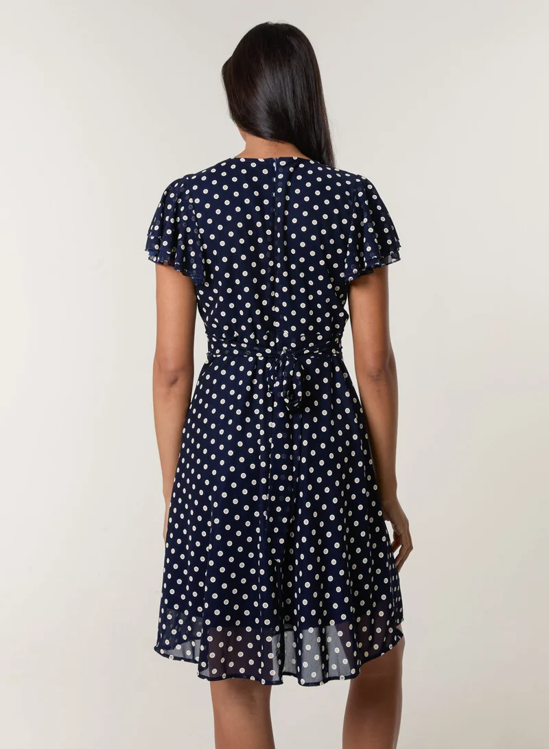 Blue Vanilla Polka Dot Mesh Frill Sleeve Wrap Dress With Tie Waist