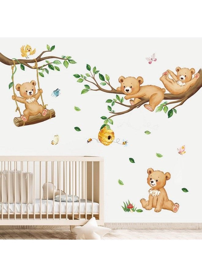 decalmile - Woodland Bear Wall Decals Animal Tree Branch Wall Stickers Baby Nursery Kids Bedroom Living Room Wall Decor - Image 1