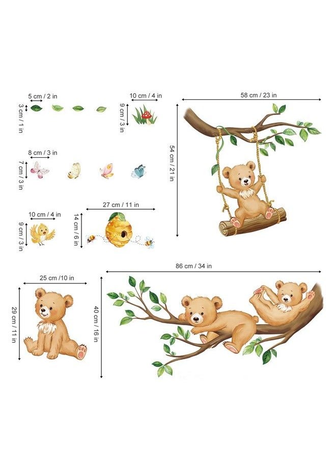 decalmile - Woodland Bear Wall Decals Animal Tree Branch Wall Stickers Baby Nursery Kids Bedroom Living Room Wall Decor - Image 1