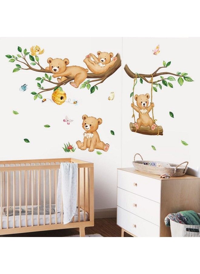 decalmile - Woodland Bear Wall Decals Animal Tree Branch Wall Stickers Baby Nursery Kids Bedroom Living Room Wall Decor - Image 1