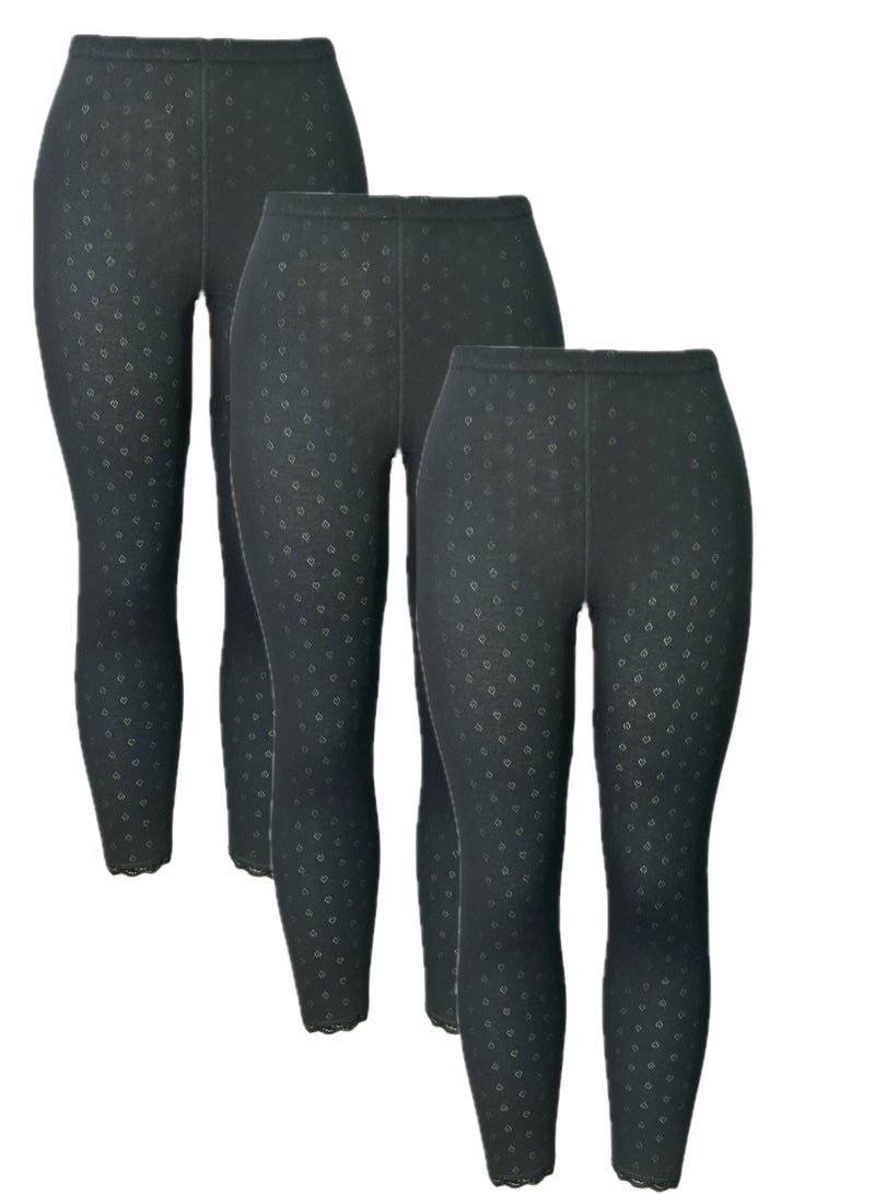 City Rose 3- Pieces Full Length Inner Leggings Perforated Cotton with Elasticized Waistband Women Black - Image 1