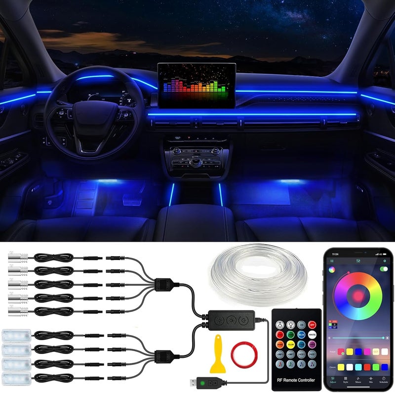 Jushope Car LED Lights, USB Interior Car Lights Strip RGB 9 in 1 Car Ambient Lighting Kit with 236" Integrated Molding Fiber Optic, Under Dash Lights Music Sync Wireless APP/RF Remote/Button Control - Image 1