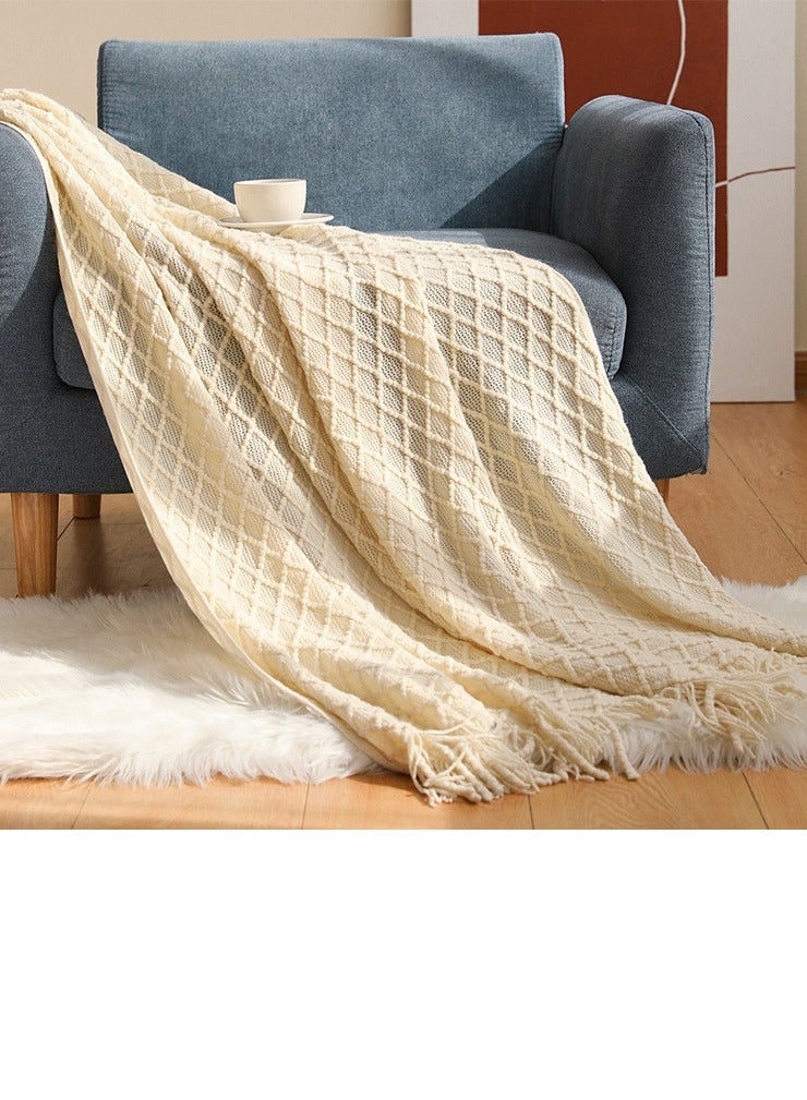 Loquat Tassel Design Geometrical Pattern Knitted Soft Throw Blanket Keep Warm Beige  - Image 1
