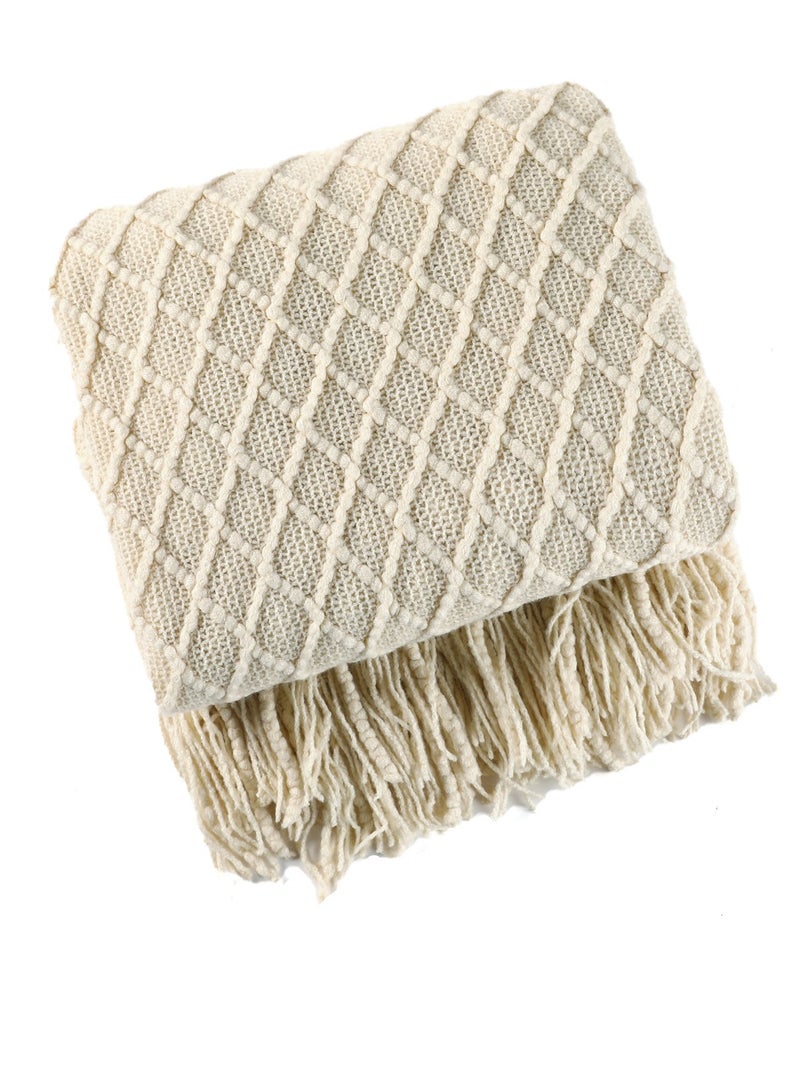 Loquat Tassel Design Geometrical Pattern Knitted Soft Throw Blanket Keep Warm Beige  - Image 2