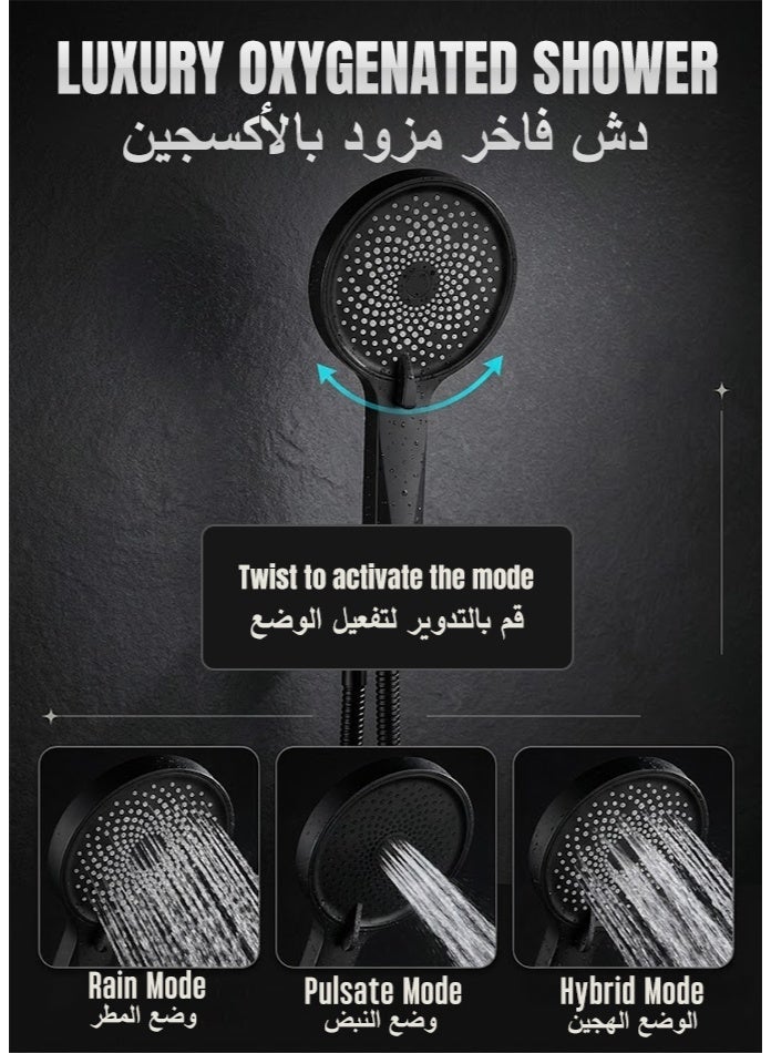 عام رأس دش يدوي عالي الضغط - ٣ أوضاع للرش مع زر تحكم، موفر للمياه، فوهات مقاومة للانسداد، هيكل من مادة إي بي إس، خرطوم من الفولاذ المقاوم للصدأ بطول ١٥٠ سم، يُثبت على الحائط، لون أسود مطفي - Image 3