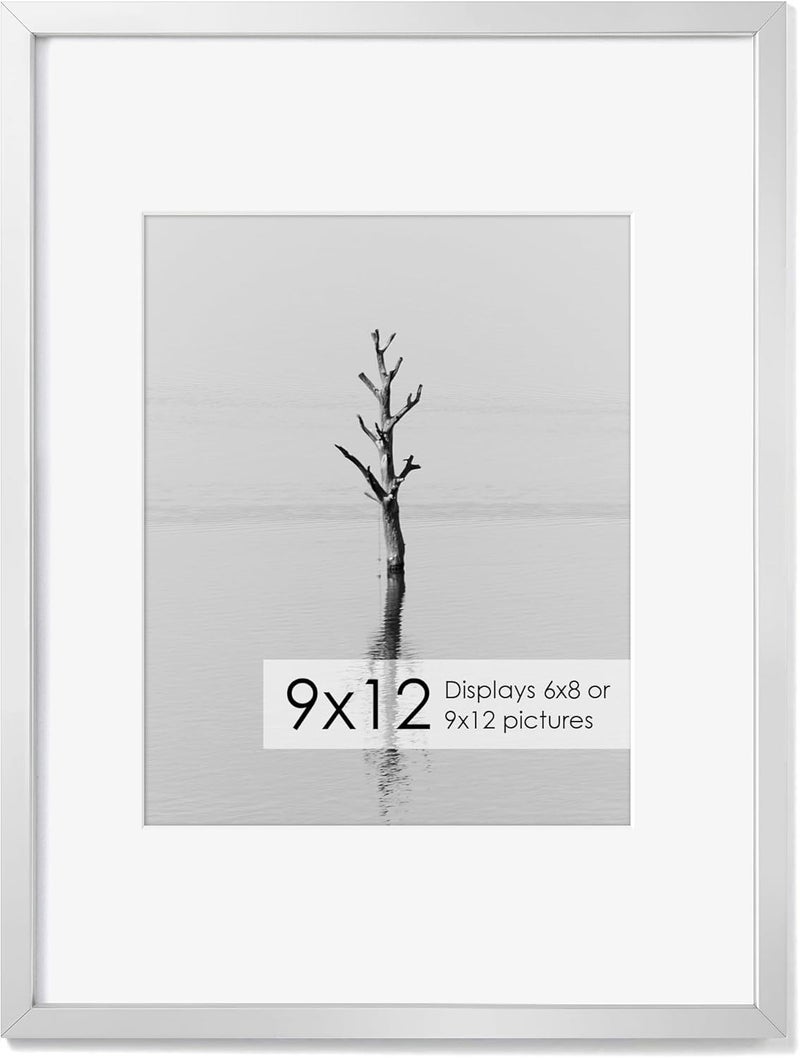 Fun Memories إطار صور معدني 9x12 من ذكريات ممتعة - إطارات صور ألومنيوم 9x12 مع حشوة 6x8، واجهة بلاكسجلاس عالية الوضوح، وملحقات تعليق - مثالي للعرض على الحائط أو الطاولة (فضي، عبوة واحدة) - Image 1