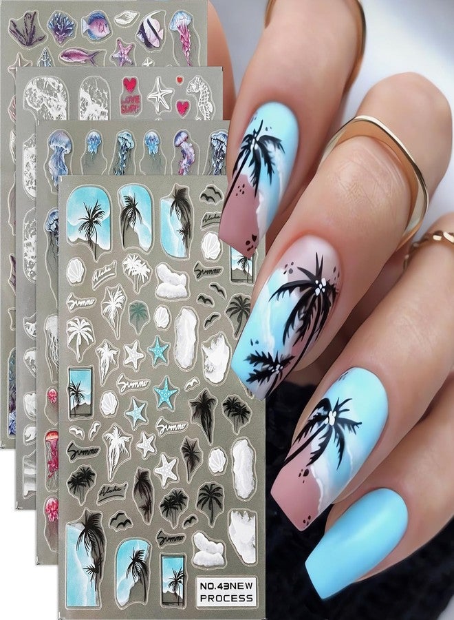 Summer Nail Art Sticker Decals Coconut Palm Tree Tropical Ocean Theme Nail Stickers 4PCS Self-Adhesive Blue White Sea Wave Starfish Jellyfish Fish Seahorse Shell Design DIY Nail Art Supplies for Women - Image 1