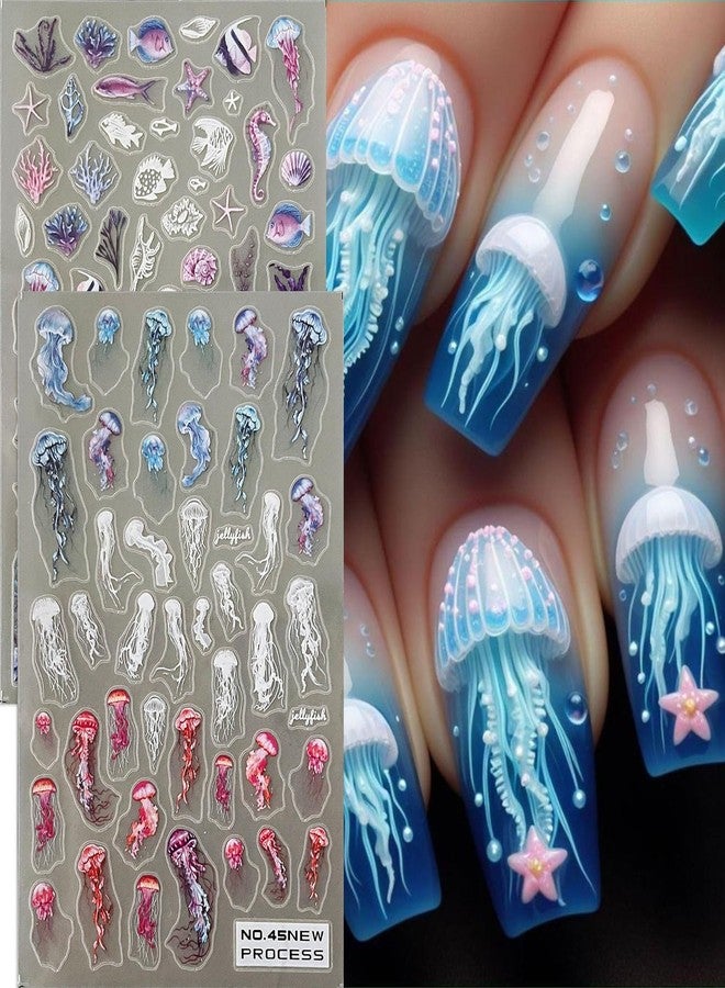 Summer Nail Art Sticker Decals Coconut Palm Tree Tropical Ocean Theme Nail Stickers 4PCS Self-Adhesive Blue White Sea Wave Starfish Jellyfish Fish Seahorse Shell Design DIY Nail Art Supplies for Women - Image 5