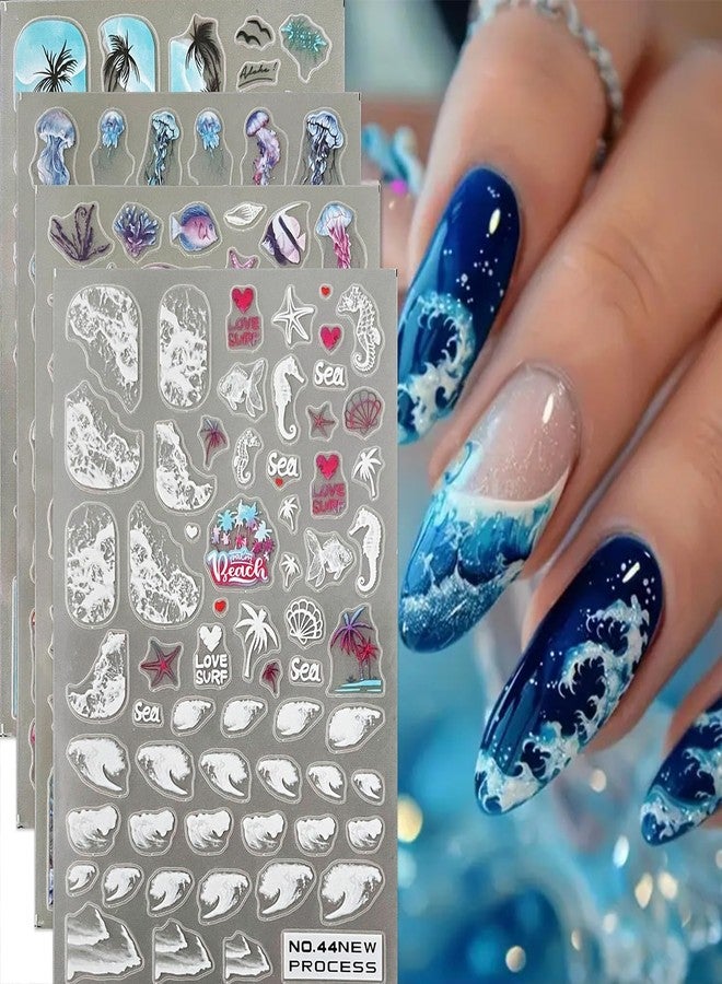 Summer Nail Art Sticker Decals Coconut Palm Tree Tropical Ocean Theme Nail Stickers 4PCS Self-Adhesive Blue White Sea Wave Starfish Jellyfish Fish Seahorse Shell Design DIY Nail Art Supplies for Women - Image 3
