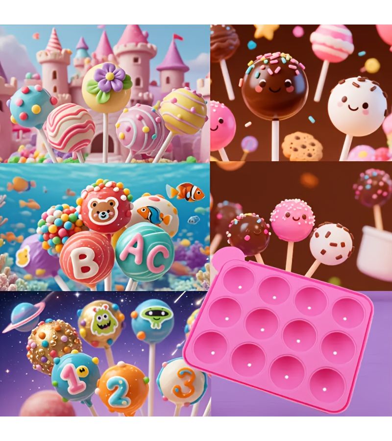 Pink Silicone Lollipop Mold 12 Cavity Round Chocolate Baking Cake Mold Reusable - Image 3