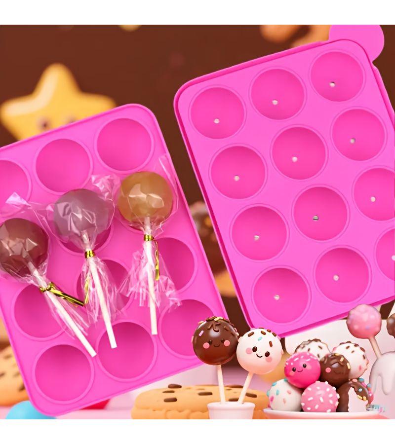 Pink Silicone Lollipop Mold 12 Cavity Round Chocolate Baking Cake Mold Reusable - Image 1