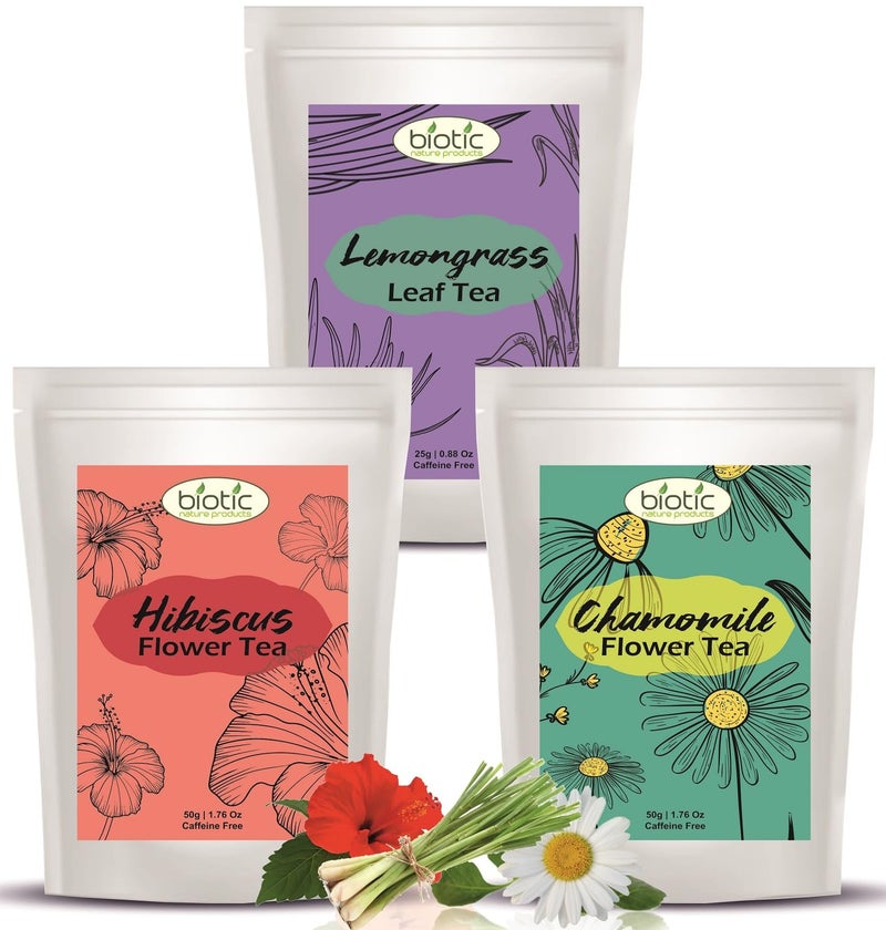 Biotic Organic Dried Chamomile Hibiscus Flowers and Dry Lemon Grass Leaves - Herbal Tea Flowers Combo - Chamomile Flower - Hibiscus Flower - Lemongrass Dry Leaves Combo - 150g (50gm each) - Image 1