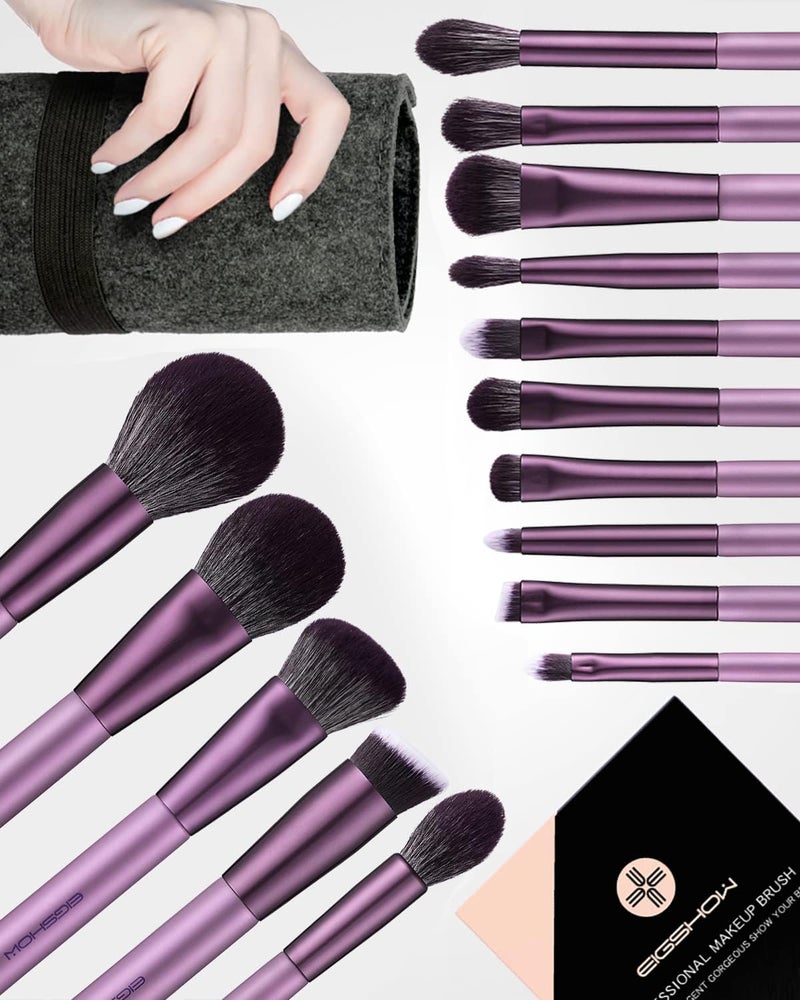 EIGSHOW Makeup Brushes, 15 Pcs Vegan Essential Makeup Brushes, High Quality Makeup Tools with Bag, Preprofessional Brushes for Beauty Lovers (Jade Purple) - Image 1