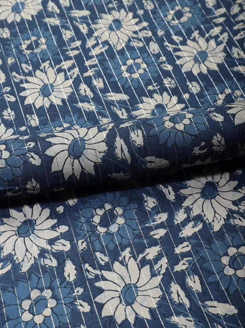 أيه كيه إس Indigo Blue Floral Cotton Fabric, One Meter