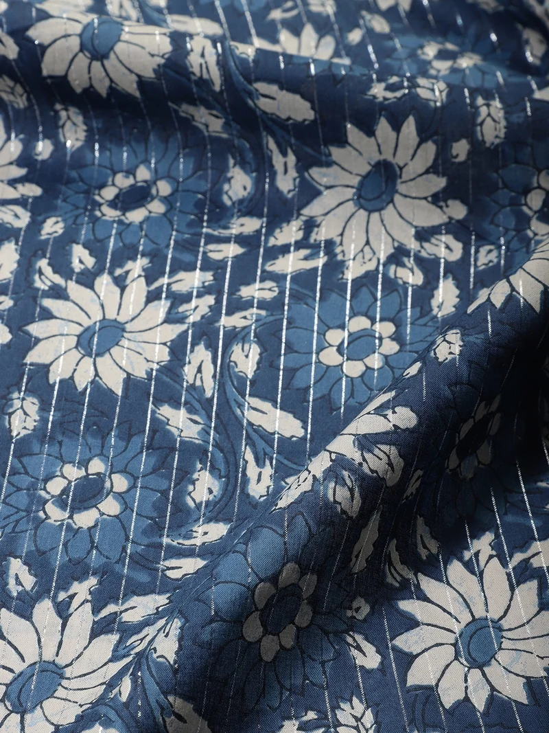 أيه كيه إس Indigo Blue Floral Cotton Fabric, One Meter