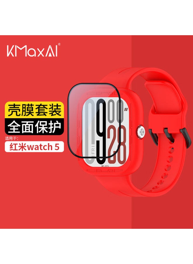 Kmaxai Compatible With Redmi Watch 5 Protective Case, Xiaomi Redmi Watch 5 Tempered Glass Screen Protector Set, Soft Rubber Frame Cover Screen Protection Film Anti-scratch Sticker, Red - Image 1