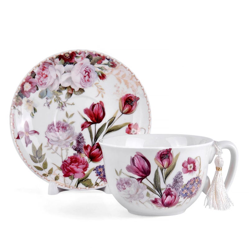 STP GOODS Bone China Tea/Coffee Cup and Saucer in Gift Box Fine Bone China Coffee Cup with Saucer Tea Cup and Saucer Set of One (Flowers 300ml) - Image 5