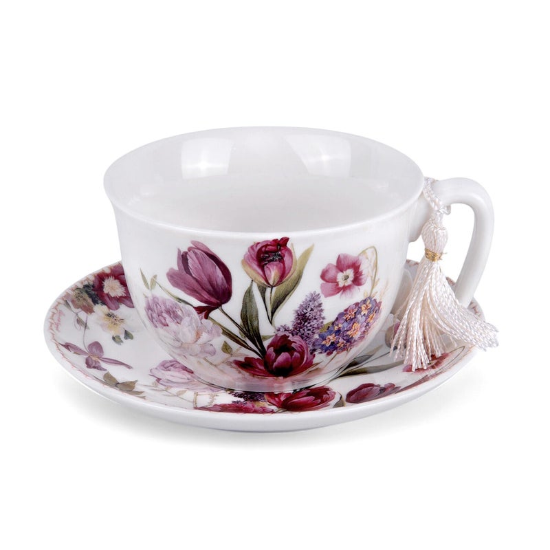 STP GOODS Bone China Tea/Coffee Cup and Saucer in Gift Box Fine Bone China Coffee Cup with Saucer Tea Cup and Saucer Set of One (Flowers 300ml) - Image 4