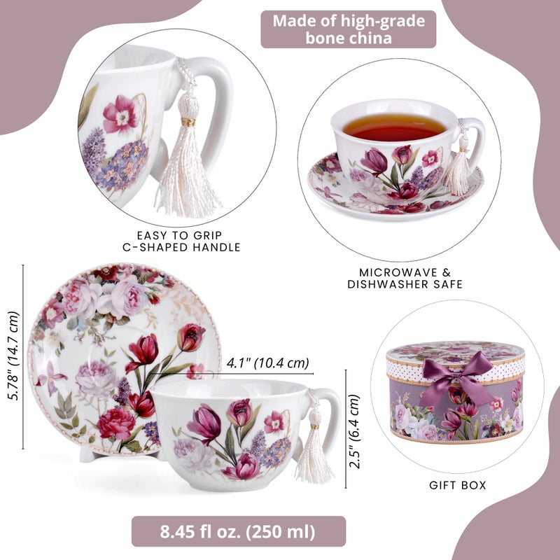 STP GOODS Bone China Tea/Coffee Cup and Saucer in Gift Box Fine Bone China Coffee Cup with Saucer Tea Cup and Saucer Set of One (Flowers 300ml) - Image 2