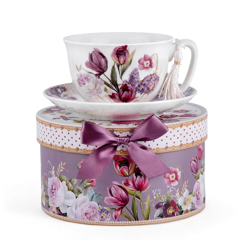 STP GOODS Bone China Tea/Coffee Cup and Saucer in Gift Box Fine Bone China Coffee Cup with Saucer Tea Cup and Saucer Set of One (Flowers 300ml) - Image 1
