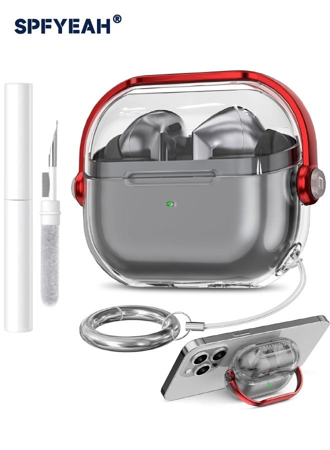 SPFYEAH Samsung Galaxy Buds 3 / Buds 3 Pro Cover with Safety Lock, Soft TPU Clear Shockproof Case with Cleaning kit & Keychain for Samsung Galaxy Buds 3 & 3 Pro (2024), Clear+Red