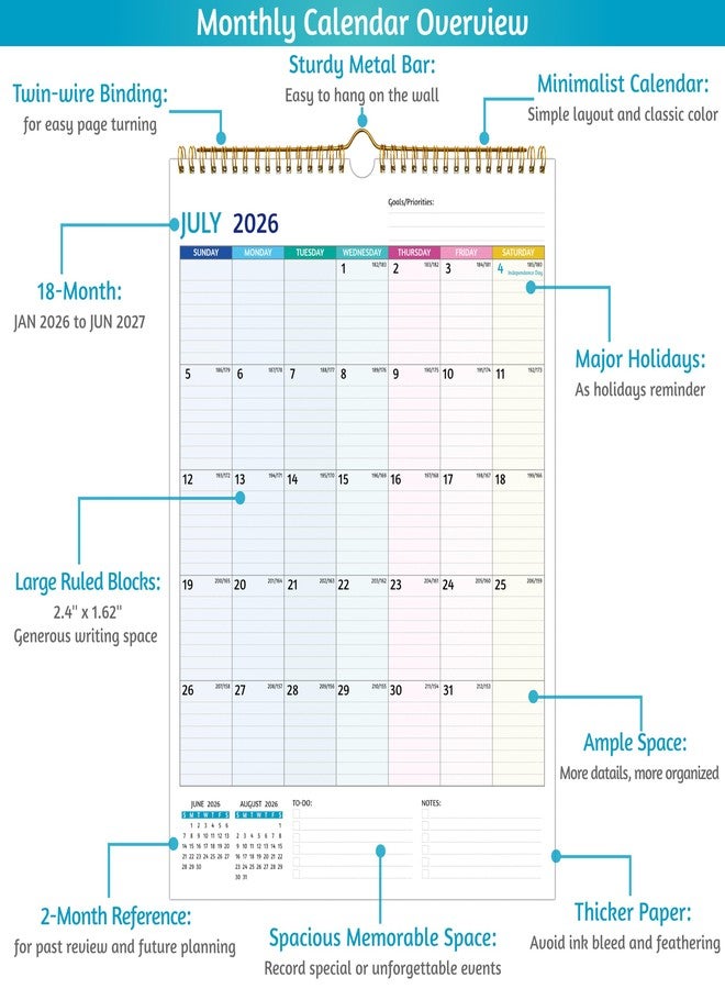 BowCuk Wall Calendar 2026-2027 - Run Now to Jun 2027, Calendar 2026-2027 Wall, 12 x 17 In, 18 Monthly Calendar, 2026 Calendar with Large Blocks, Thick Paper, Holidays, To-do ＆ Notes, Great for Organizing - Image 3