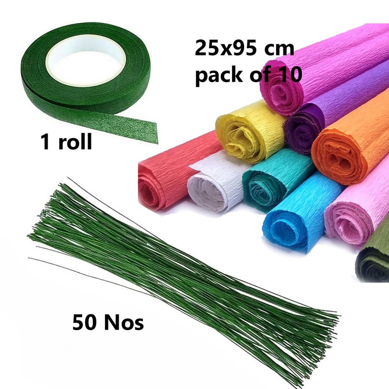 Artzone طقم حرف يدوية من ورق الكريب - 10 أوراق (25x85 سم) و 50 ساق زهور (30 سم)، شريط زهور أخضر واحد - Image 3