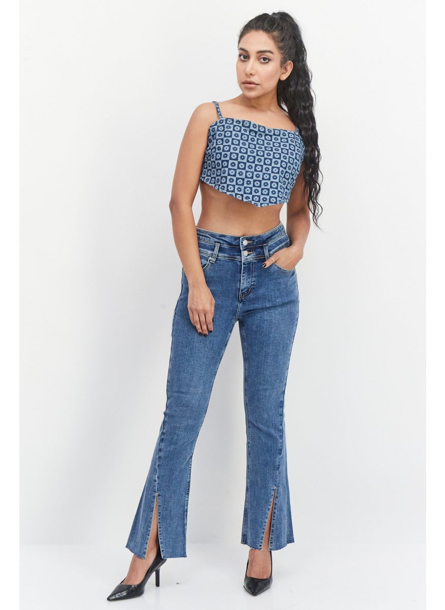 Violet Romance - Women Straight Neck Sleeveless Allover Print Crop Top, Blue Combo - Image 1
