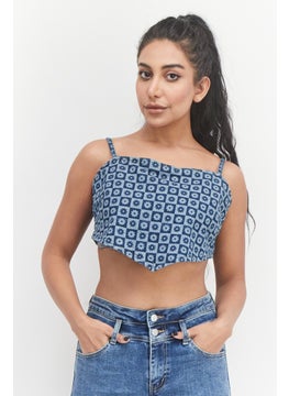 Women Straight Neck Sleeveless Allover Print Crop Top, Blue Combo