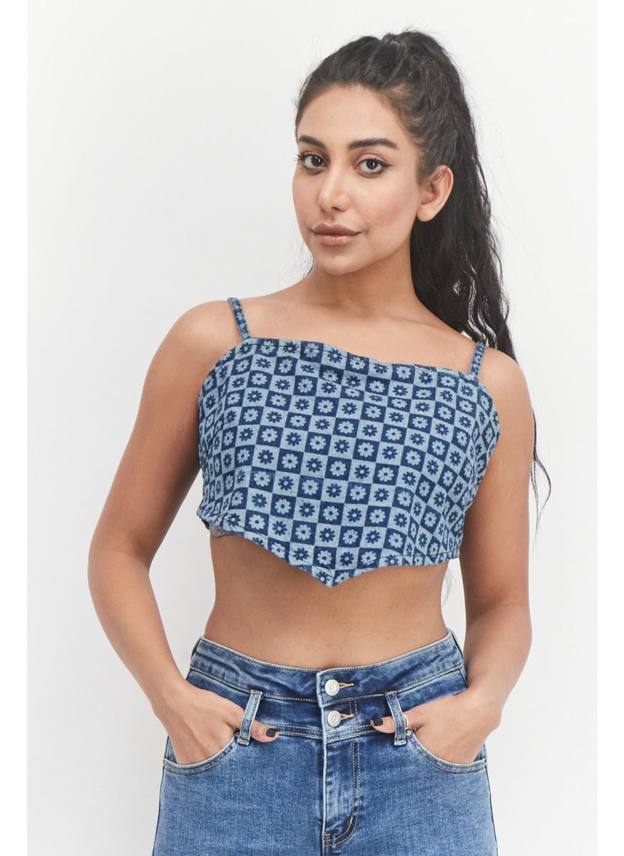Violet Romance - Women Straight Neck Sleeveless Allover Print Crop Top, Blue Combo - Image 1