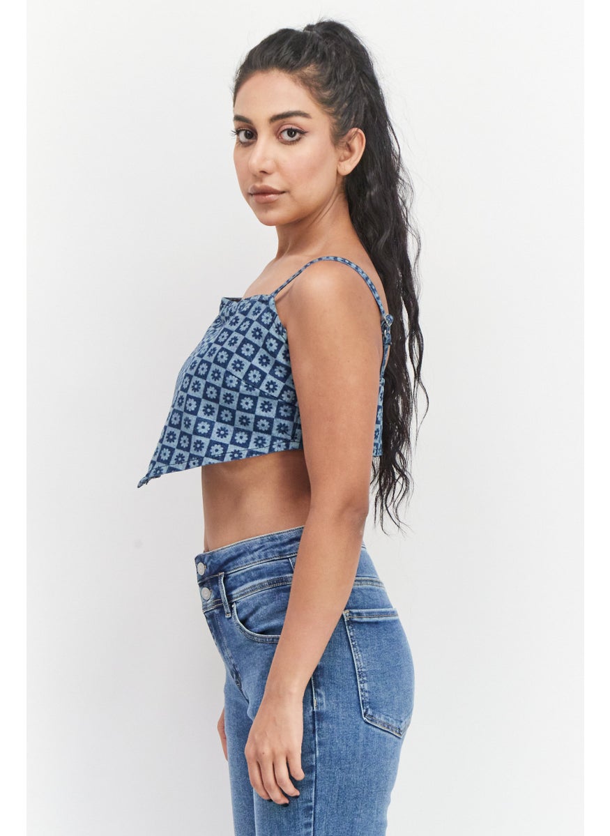 Violet Romance - Women Straight Neck Sleeveless Allover Print Crop Top, Blue Combo - Image 1