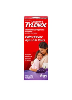 TYLENOL Children's Liquid Oral Suspension Medicine, Acetaminophen Pain Reliever & Fever Reducer for Cold + Flu Symptoms & Sore Throat, Aspirin-, Ibuprofen- & Alcohol- Free, Grape, 4 fl. oz  - Image 1