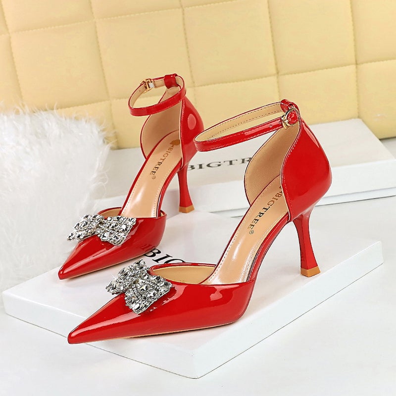 8323-K51 Style Fashionable Banquet Stiletto Hollow High Heels Shallow Mouth Pointed Toe Rhinestone Knot One-Strap Shoes - Image 2