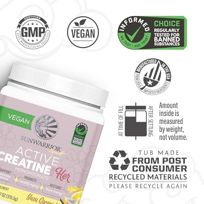 Sunwarrior Creatine Monohydrate Powder for Women | Muscle Building Pre Workout Vegan Keto Friendly Micronized & Easily Mixes 300g Tub (50 Serve) Yuzu Coconut Flavored Active Creatine - Image 3