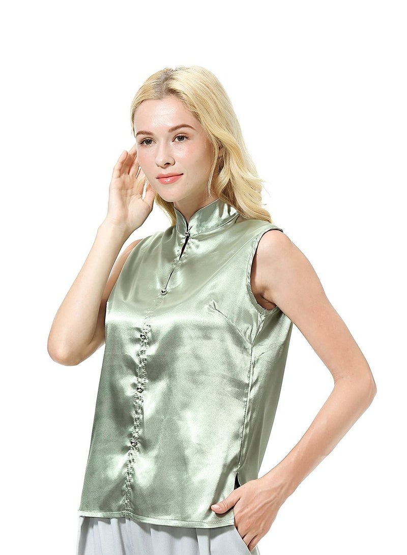 إسكدنيا Women's Solid Color Imitated Silk Fabric Sleeveless Blouse Shirt Dusty Green  - Image 2