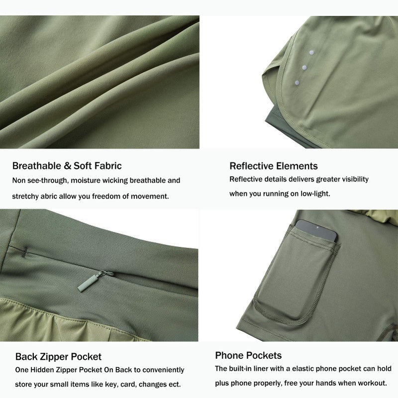 Ksmien Women's 2 in 1 Running Shorts - Lightweight Athletic Workout Gym Yoga Shorts Liner with Phone Pockets Green - Image 3