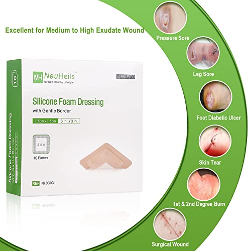 NeuHeils Silicone Adhesive Foam Dressing with Gentle Border 3''x3'' for Bed Sore, 10 Packs, High Absorbency Waterproof Silicone Wound Bandage for Foot Diabetic Ulcer - Image 2