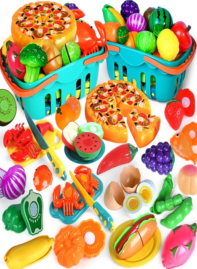 Shemira 100 PCS Cutting Play Food Toy for Kids Kitchen, Pretend Food Toys for Toddlers, Play Kitchen Toys Accessories with 2 Baskets, Fake Food/Fruit/Vegetable, Birthday Gifts for 3 4 5 Years Old Boys Girls - Image 1
