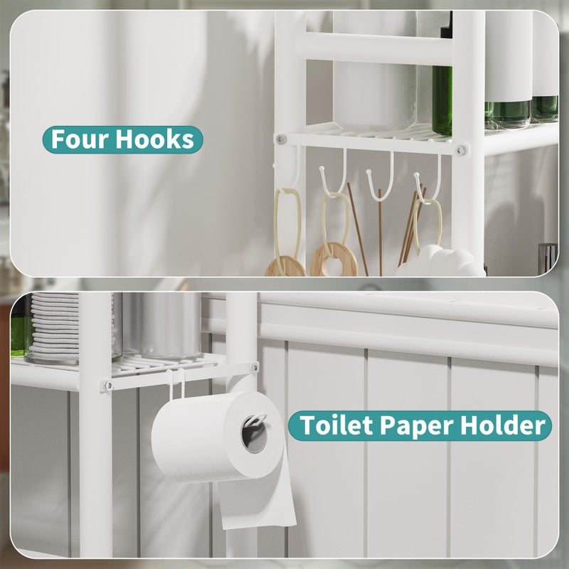 AriseWork 3-Tier Over The Toilet Storage Organizer, Space-Saving Bathroom Rack with Paper Holder & 4 Hooks, 64" Tall Freestanding Carbon Steel Shelf for Small Apartment Laundry Room (White) - Image 4
