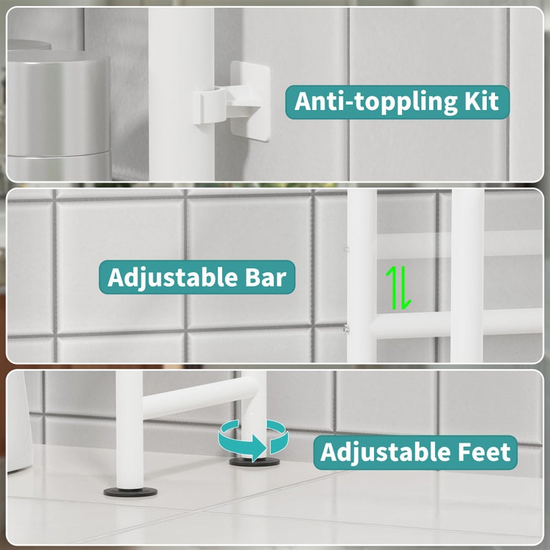 AriseWork 3-Tier Over The Toilet Storage Organizer, Space-Saving Bathroom Rack with Paper Holder & 4 Hooks, 64" Tall Freestanding Carbon Steel Shelf for Small Apartment Laundry Room (White) - Image 5