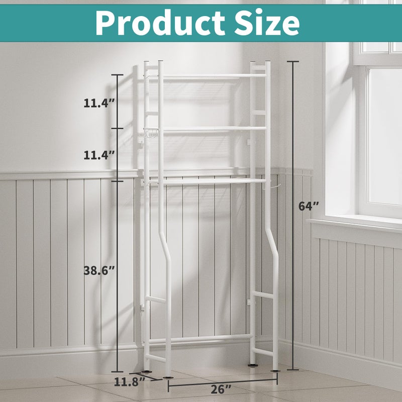 AriseWork 3-Tier Over The Toilet Storage Organizer, Space-Saving Bathroom Rack with Paper Holder & 4 Hooks, 64" Tall Freestanding Carbon Steel Shelf for Small Apartment Laundry Room (White) - Image 2