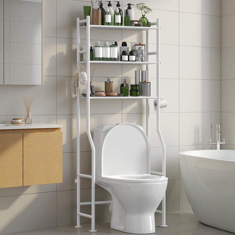 AriseWork 3-Tier Over The Toilet Storage Organizer, Space-Saving Bathroom Rack with Paper Holder & 4 Hooks, 64" Tall Freestanding Carbon Steel Shelf for Small Apartment Laundry Room (White) - Image 1